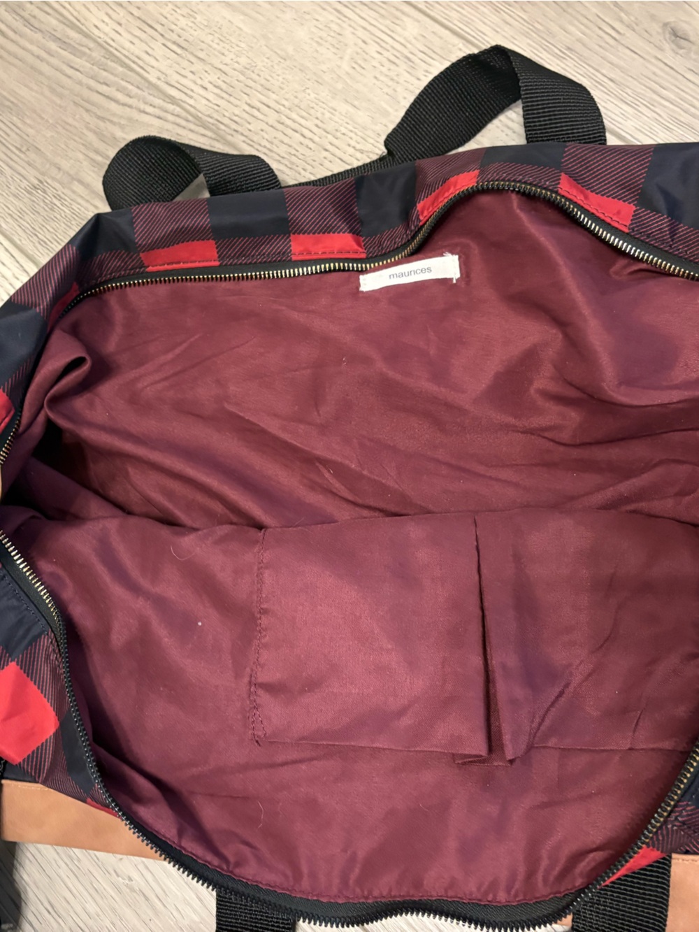 Maurices Red and Black Buffalo Plaid Faux Leather Travel Duffel Bag - Picture 4 of 4